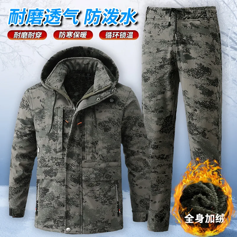 Winter Velvet Camouflage Waterproof Cotton Jacket Suit For Men Outdoor Sports Hiking Tourism Cold Storage Work Clothes Coat