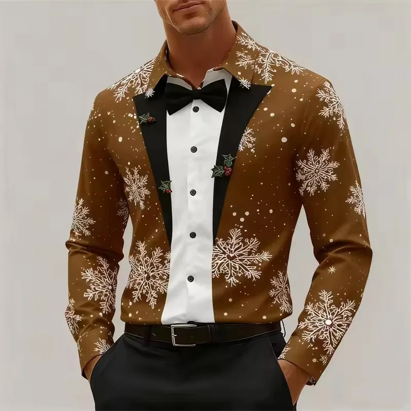 Nueva camisa navideña con corbata y patrón de copo de nieve para hombre, disfraz navideño, camisa informal de manga larga a la moda, adecuada para