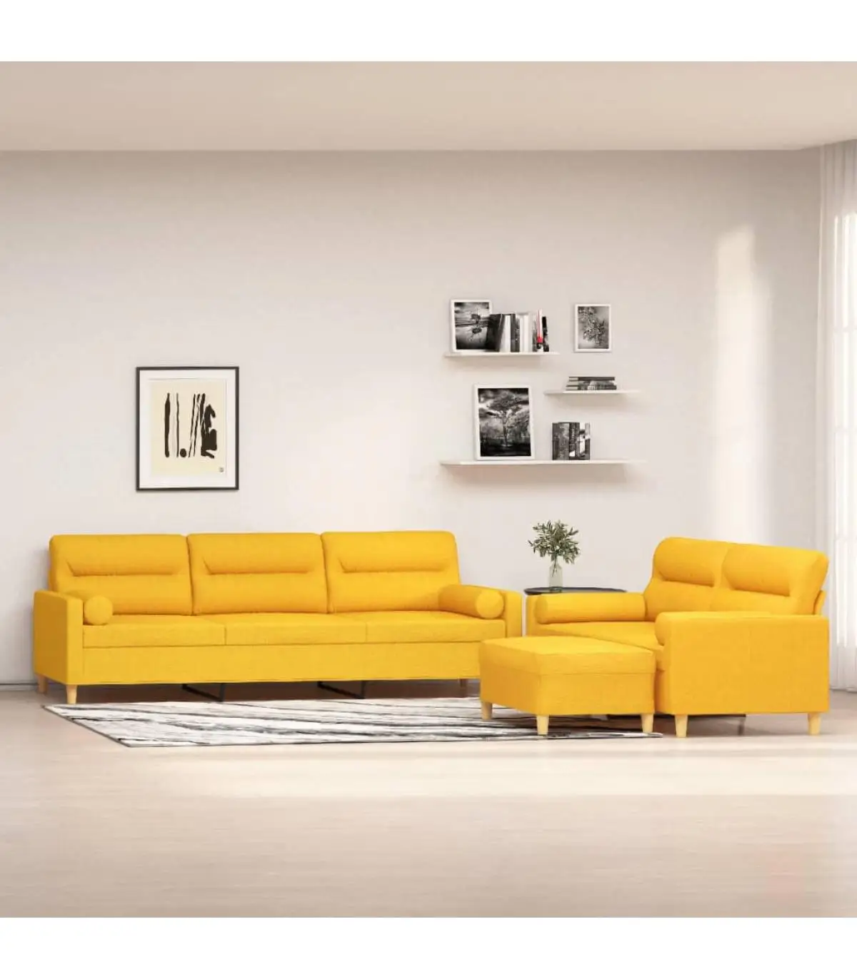 Sofas set of sofas with cushions 3 pieces light yellow fabric