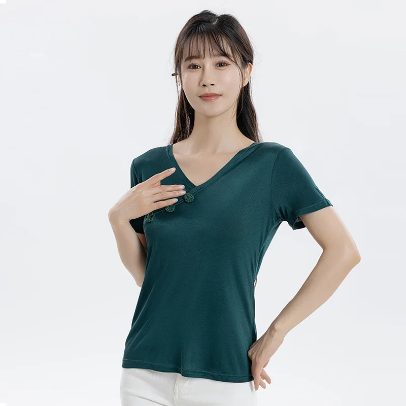 MadBlack-25%Silk 75%Viscose Elegant Knit T-Shirt, V Neck Buttons, Women Vintage Casual Thin Loose Top, 2026 Summer New T64915CC
