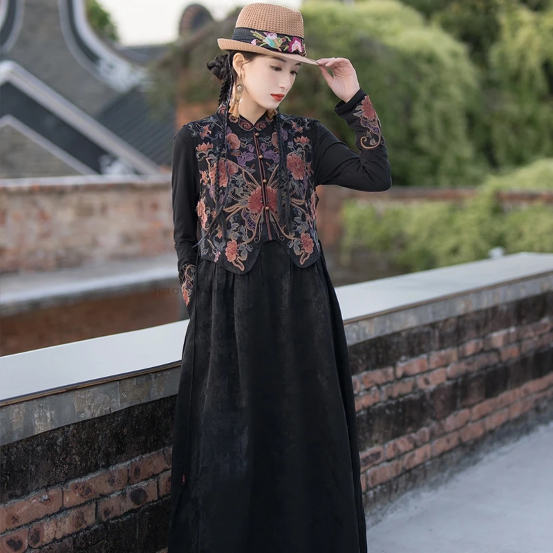 فستان جاكار ساتان صيني عتيق مرقع فستان مطرز على شكل فراشة وطنية بدون أكمام فستان شرقي على شكل حرف a فستان هانفو