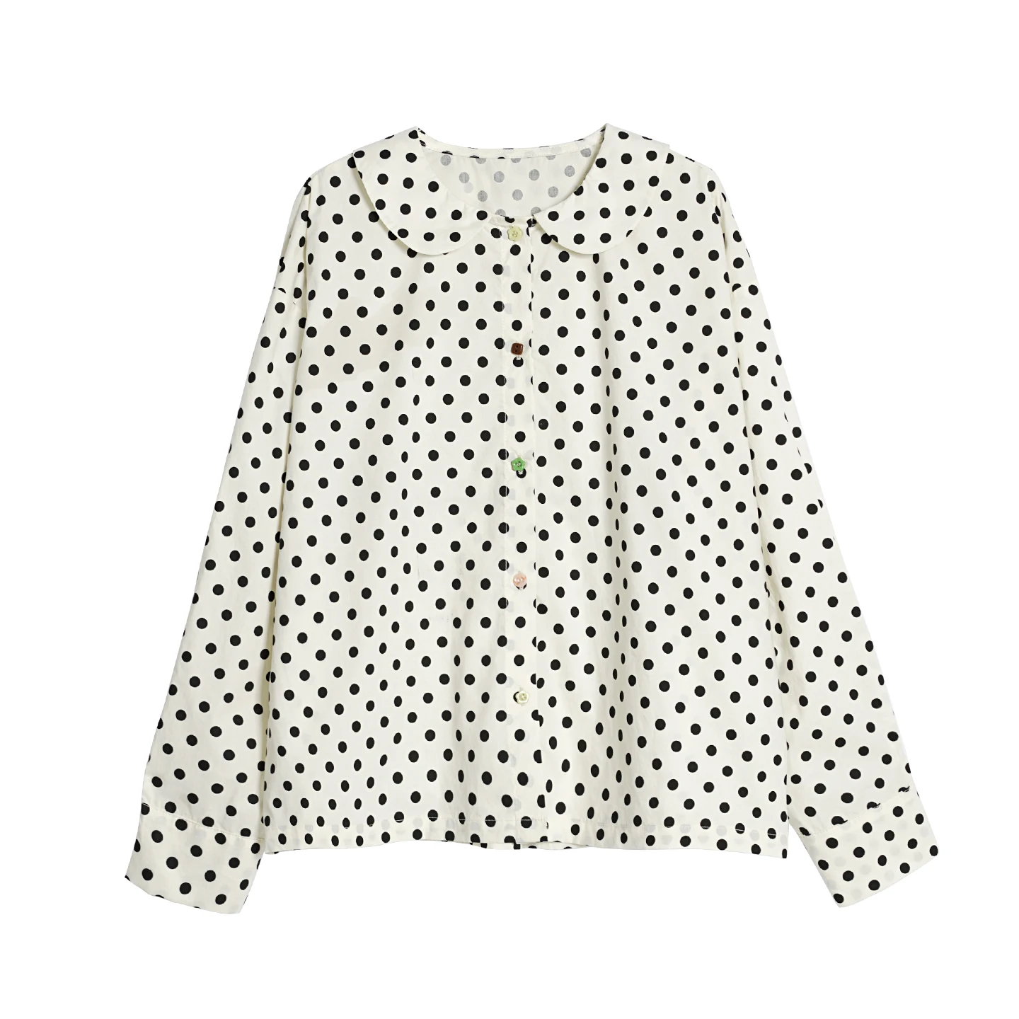 

IMAKOKONI Cute Peter Pan Collar Polka Dot Shirt Women Long Sleeve Button Front Blouse Retro Casual Tops 265364