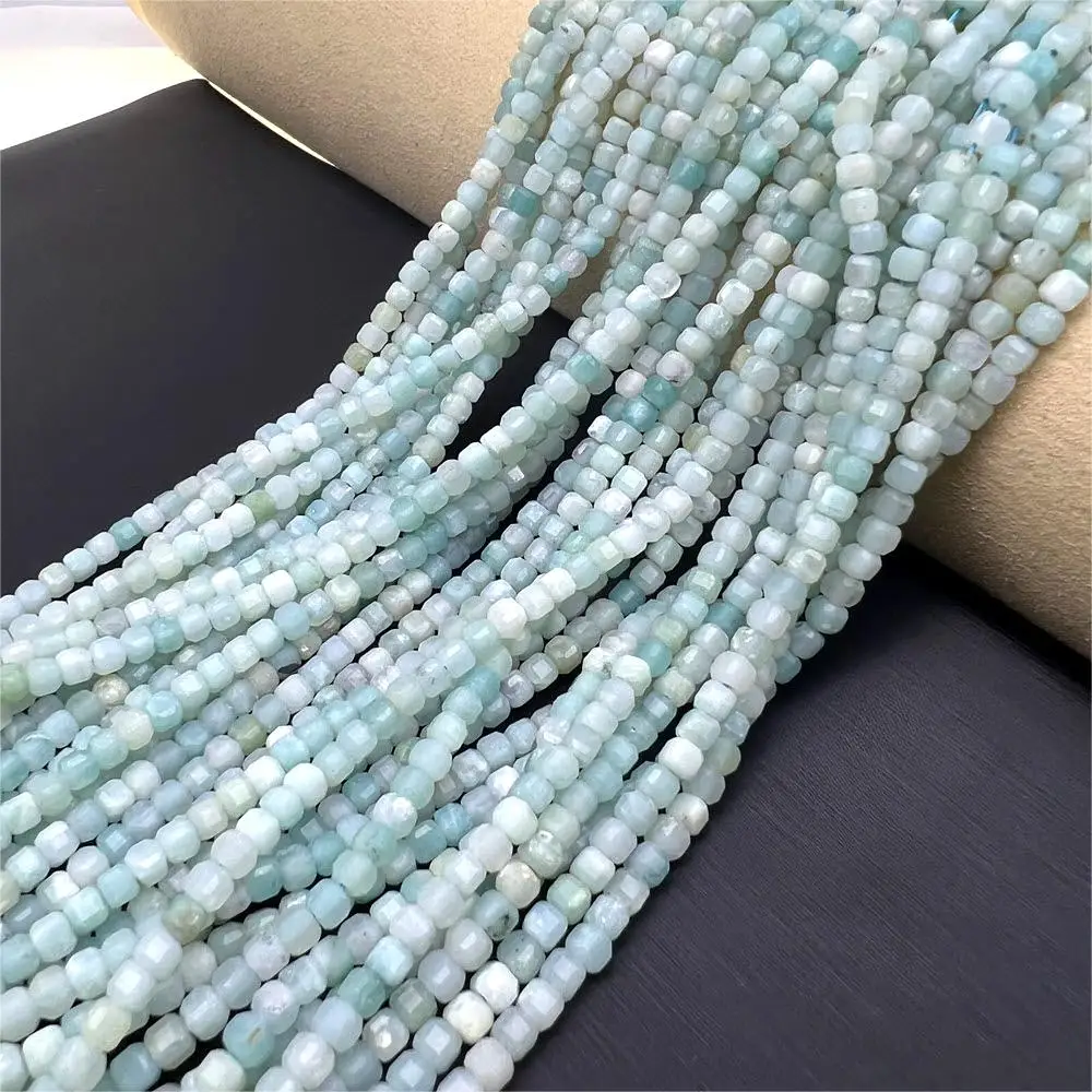 Natural Blue Amazonite Faceted Cube Cut Stone Loose Spacer Beads Strands Jewelry Making Accessories DIY Cylindrical Bead