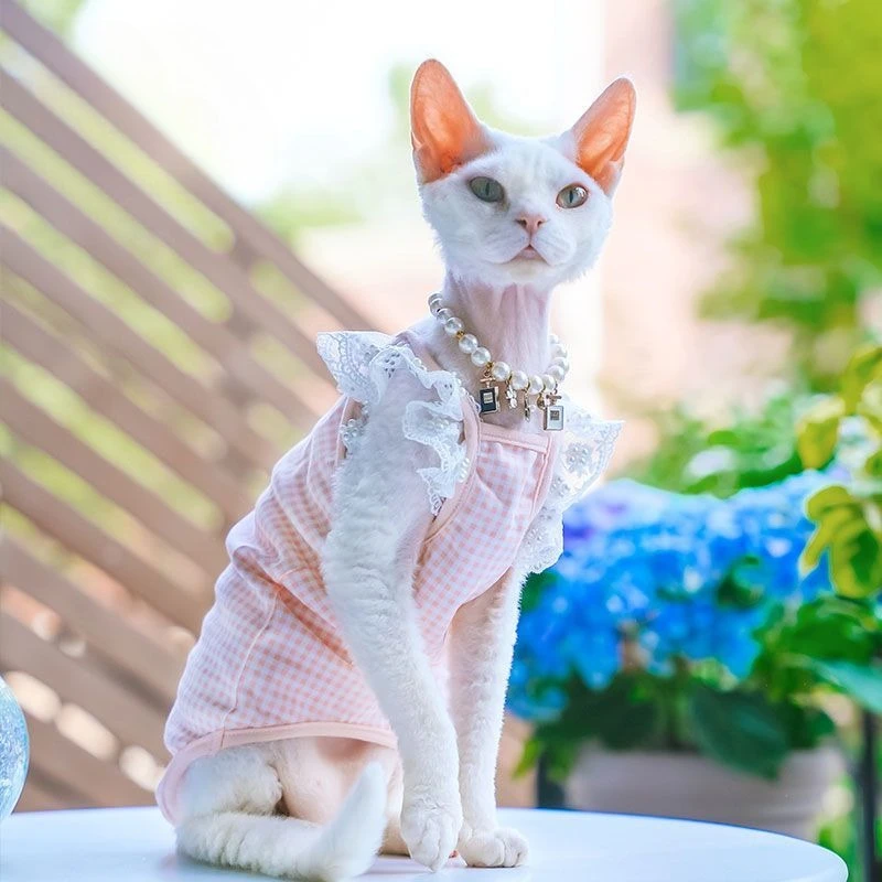Ropa de verano de manga corta para gato sin pelo, camiseta sin mangas a cuadros de campo dulce y bonita con cuentas de uñas de gato alemán y gatito