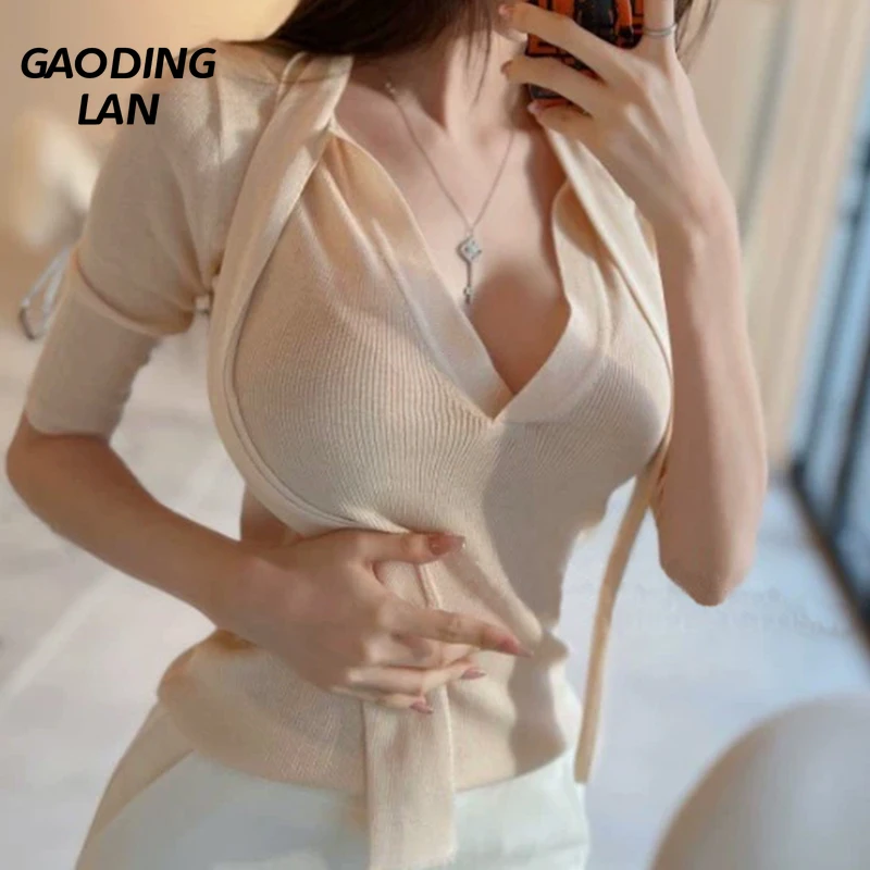 GAODINGLAN Desire Deep Low V Neck Sexy Women Knitted Tops Half Sleeve Thin Elastic Female T-shirts Tie Slim Fit Solid Color Tees