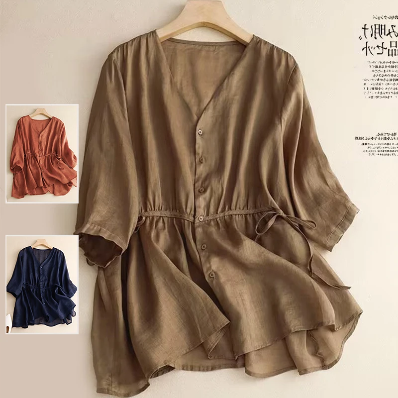 

Художественный простой однотонный хлопковый льняной ф Све irt, большой размер, женский повседневный открытый кардиган с поясом и поясом на талии...