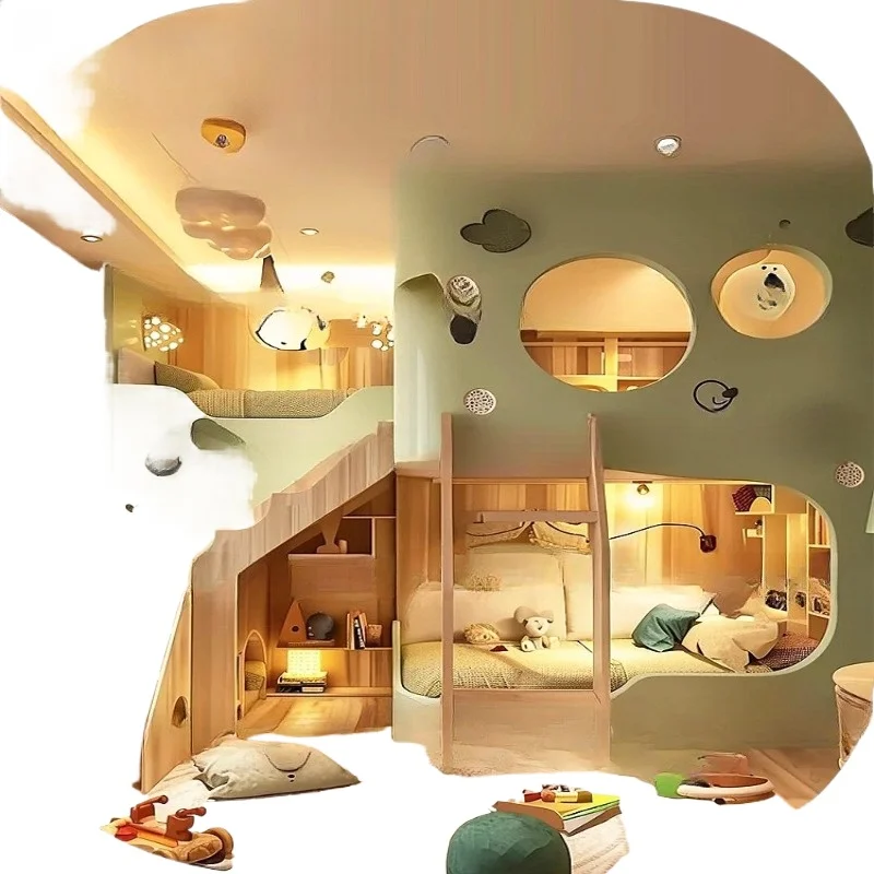 بيت الشجرة الخضراء بي إد، فتحة مستديرة يكون د، خلع متوازي يكون د، أسرة علوية وسفلية كبيرة ومنخفضة، مع خزانة سلم