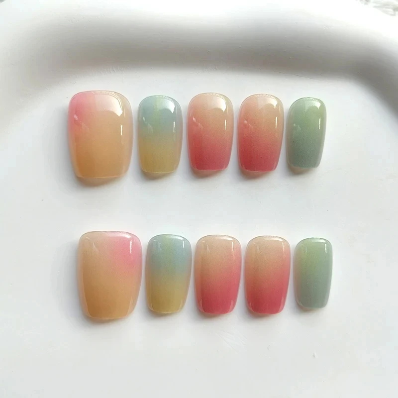 10pcs Short Candy Color Rainbow Gradient Cat\'s Eye False Nails Square Head Girl Lady Press on Nail Wearable Detachable Nail Tips