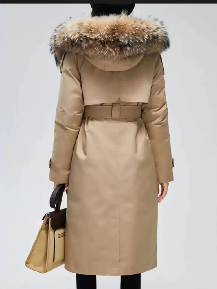 New Autumn Winter Down Parka Trench Coat 90White Duck Down Jacket Hooded Warm Big Fur Collar Double-Breasted Down Coat Long 2025