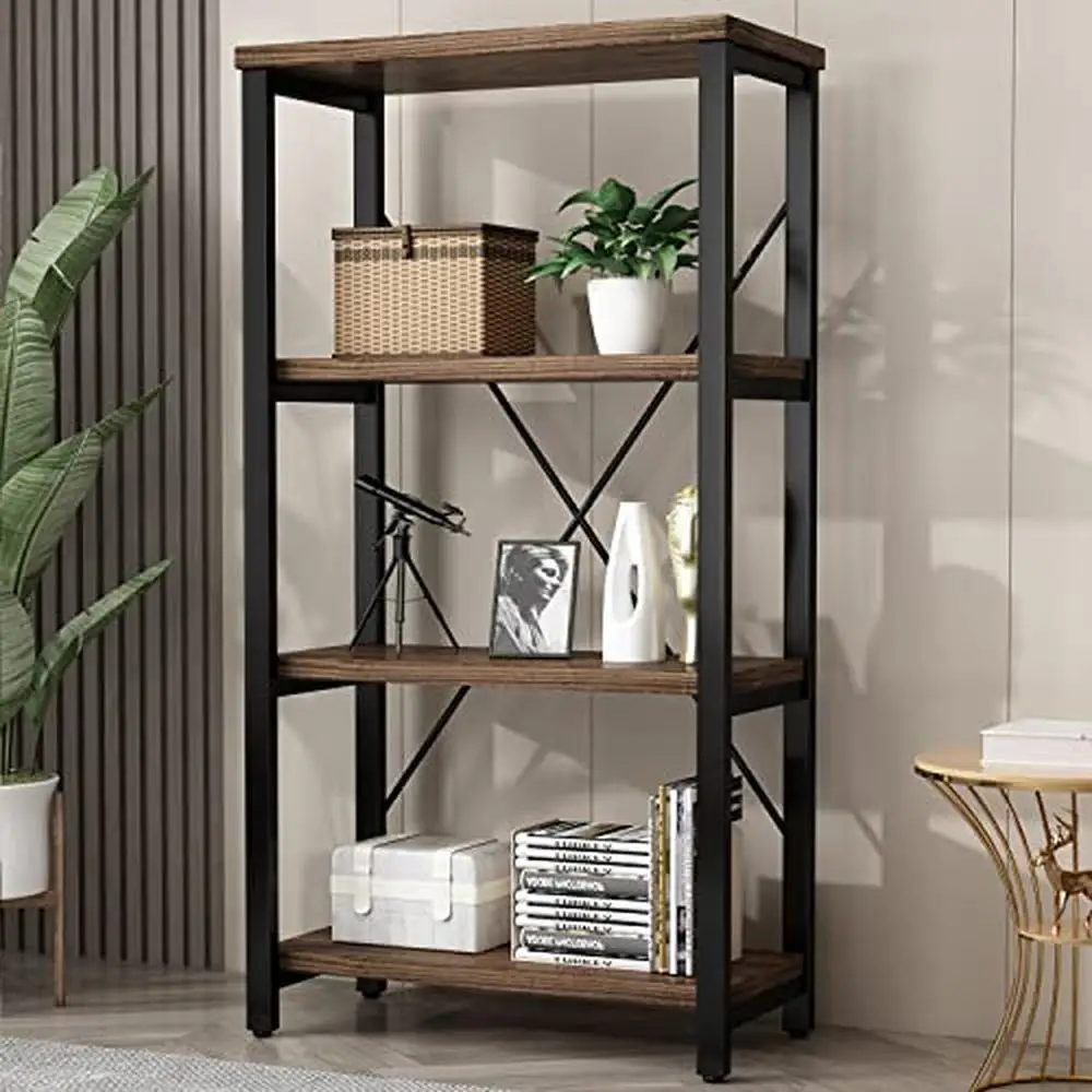 Vintage Solid Wood 4-Tier Bookshelf Industrial Style Organizer Rustic Standing Bookshelves Etagere Shelf A-Shape Wood Grain