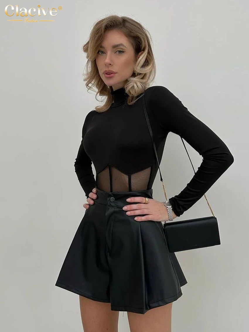 Clacive Mode Lose Schwarz Pu Leder frauen Shorts Sommer Hohe Taille Gefaltete Shorts Elegante Klassische Shorts Weibliche Kleidung