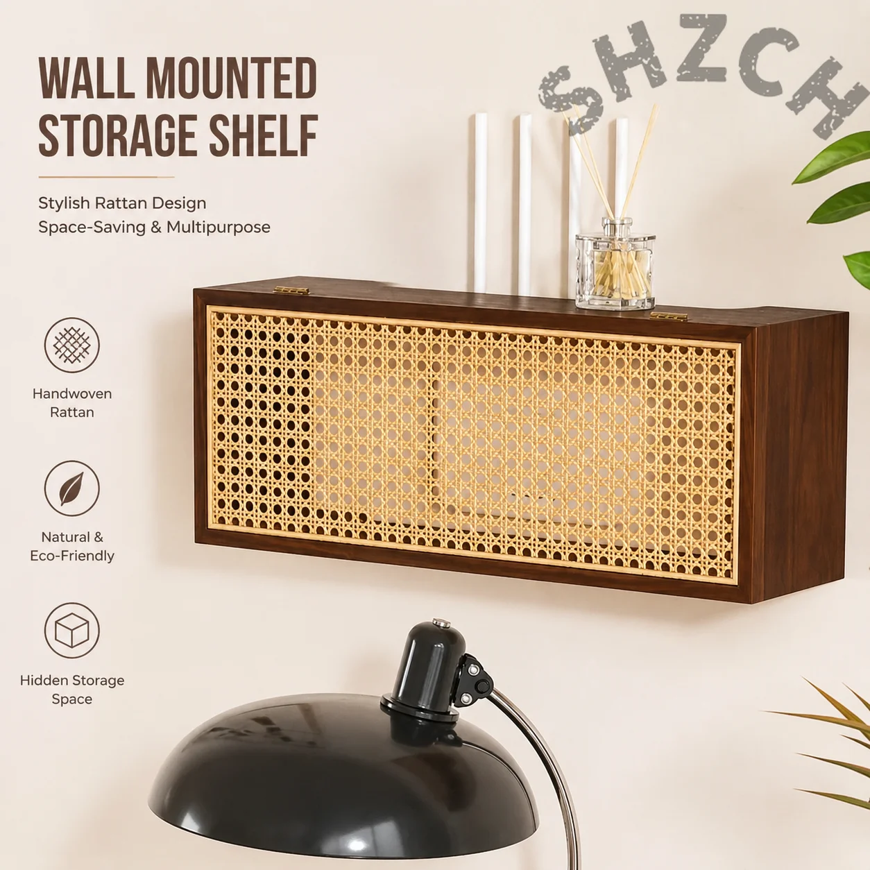 Rattan Wall-Mounted Router Shelf with Cable Organizer and Modem Storage for WiFi Equipment