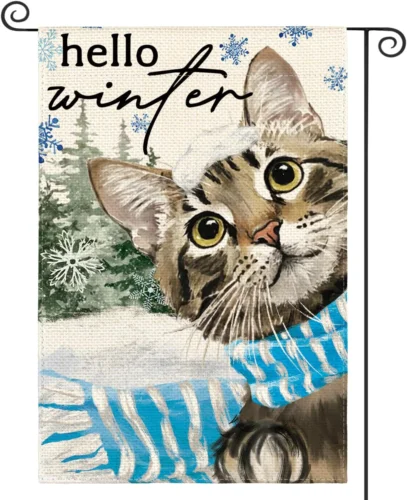 Hello Winter Snow Cat Garden Flag 12X18 Inch Double Sided, Seasonal Holiday Farm KKL AAL HHM WZZ yyi