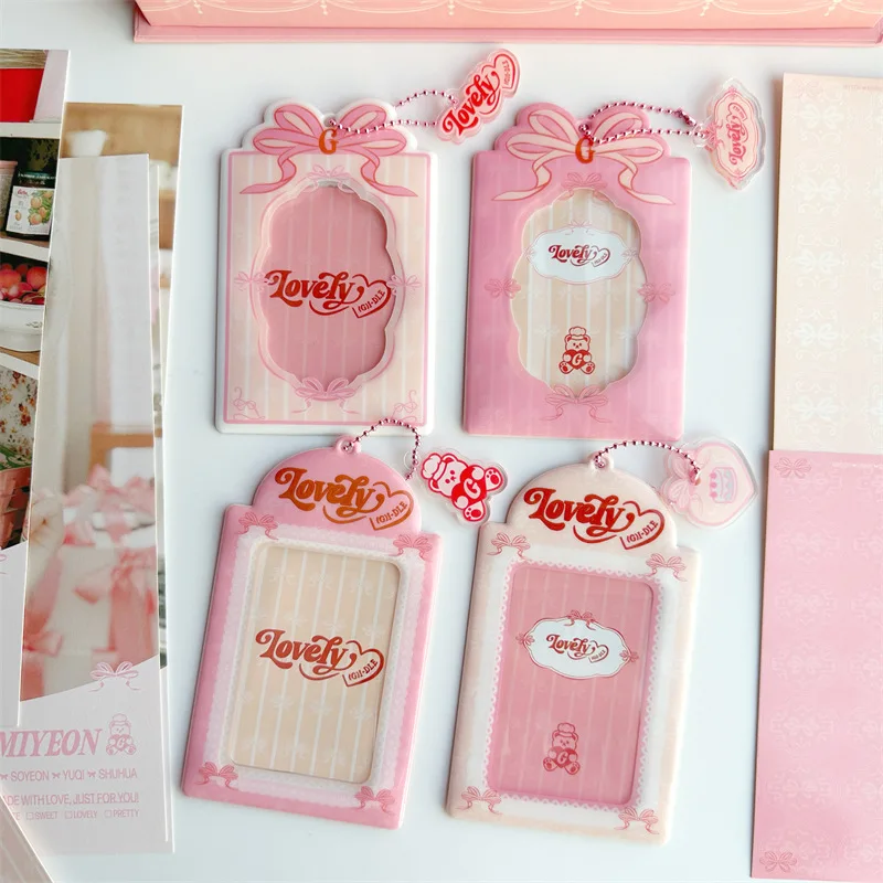 Kpop Photocard Holder with Keychain Y2K Kawaii Bow Lace Photo Card Sleeves ID Badge Holder Card Protector