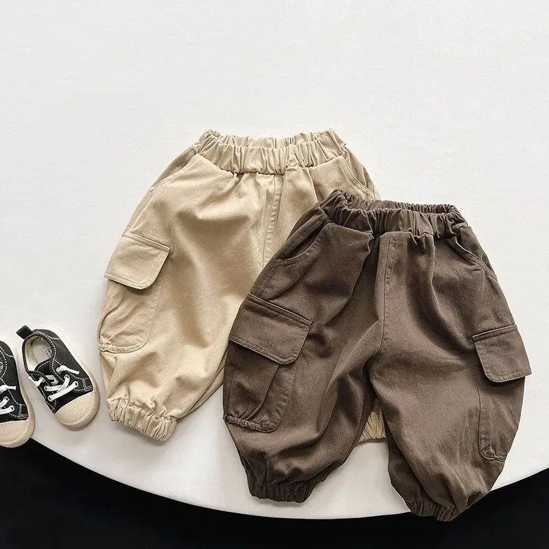 Boys Spring Solid Cargo Pants Fashion Loose Versatile Sports Trousers Children Girls Vintage Boutique Cotton Bind Feet Pants