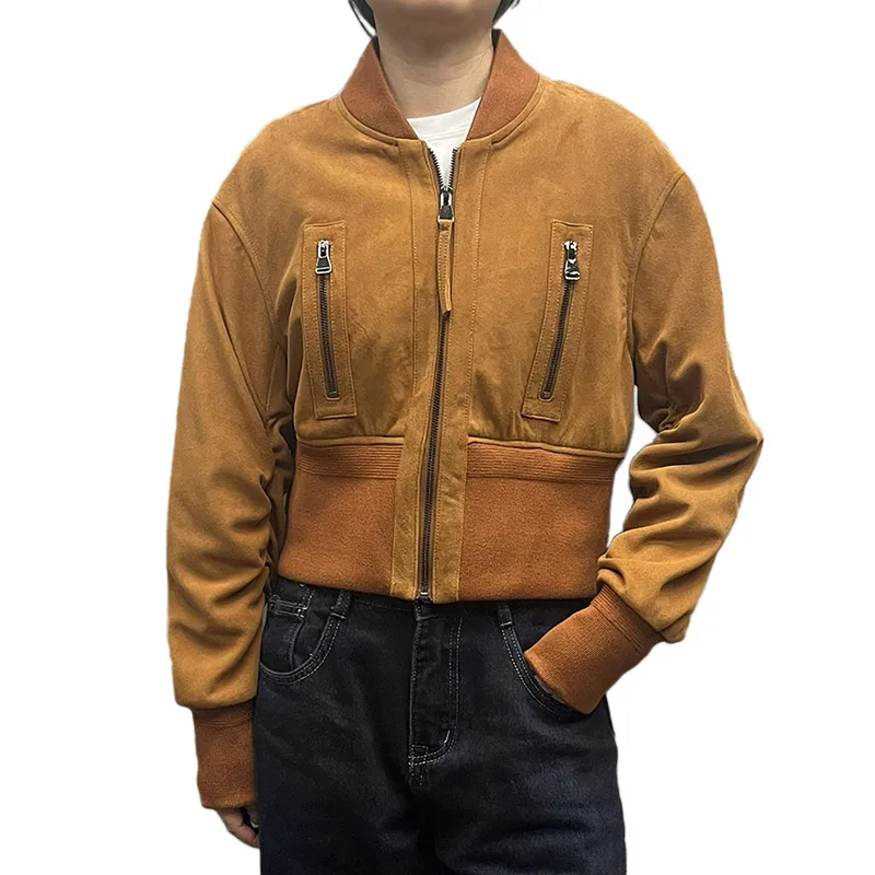Casual Genuine Leather Jacket Suede Bomber Coat Vintage Brown Suede Jacket for Women Leather Female Coat Streetwear