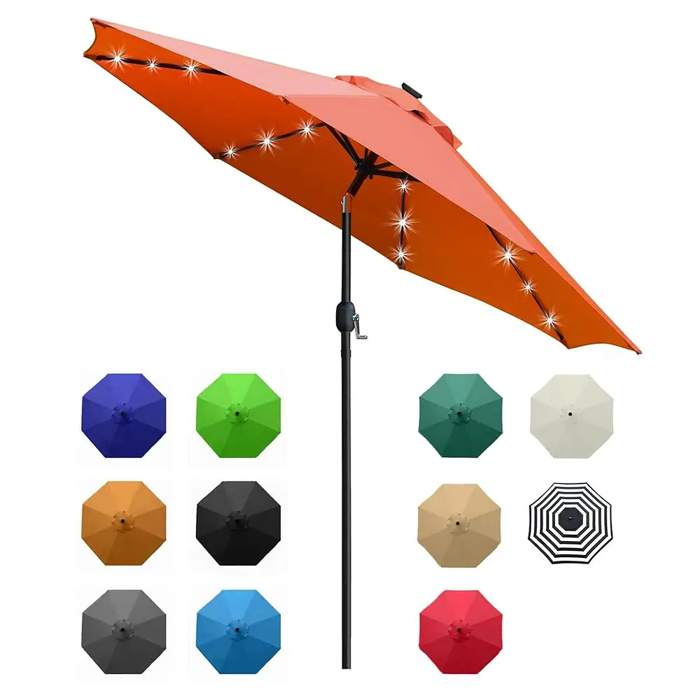 

9' Solar Led Lighted Patio Umbrella With 8 Ribs/Tilt Adjustment And Crank Lift System (Orange)