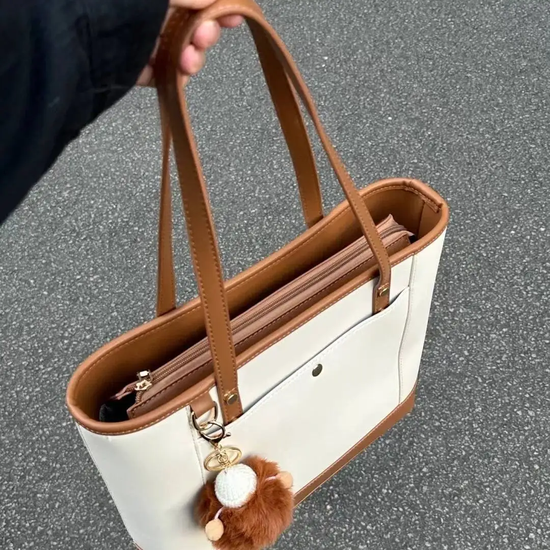 Bloom Vintage Beige Large Capacity Tote Bag Hot Girls New Travel Office Leather Casual Handbag Female Retro Shoulder Bags Y2k