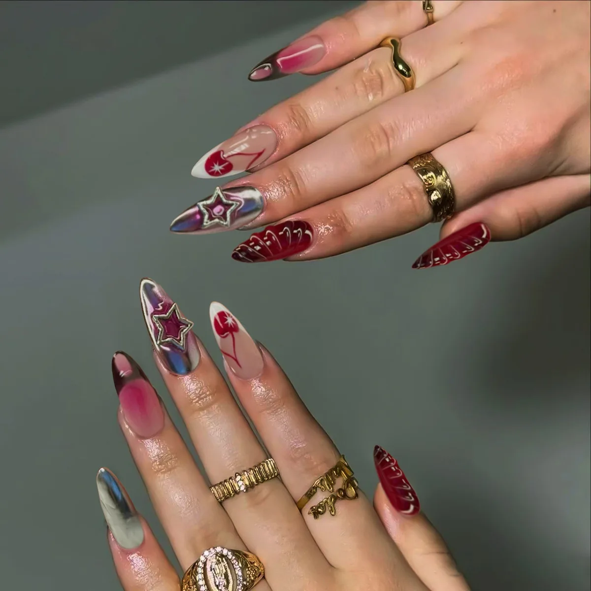 

24Pcs Mid-length Almond False Nails Press on With French Red Smudge Design Full Cover Nails Tips Cherry Star Wearable Fake Nails
