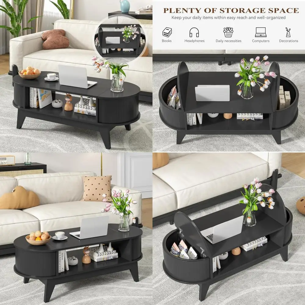 โต๊ะกาแฟทรงรีสไตล์มิดเซ็นจูรี่โมเดิร์น พร้อมที่เก็บของ โต๊ะกลางตกแต่งด้วยไม้ลายร่อง สำหรับห้องนั่งเล่น