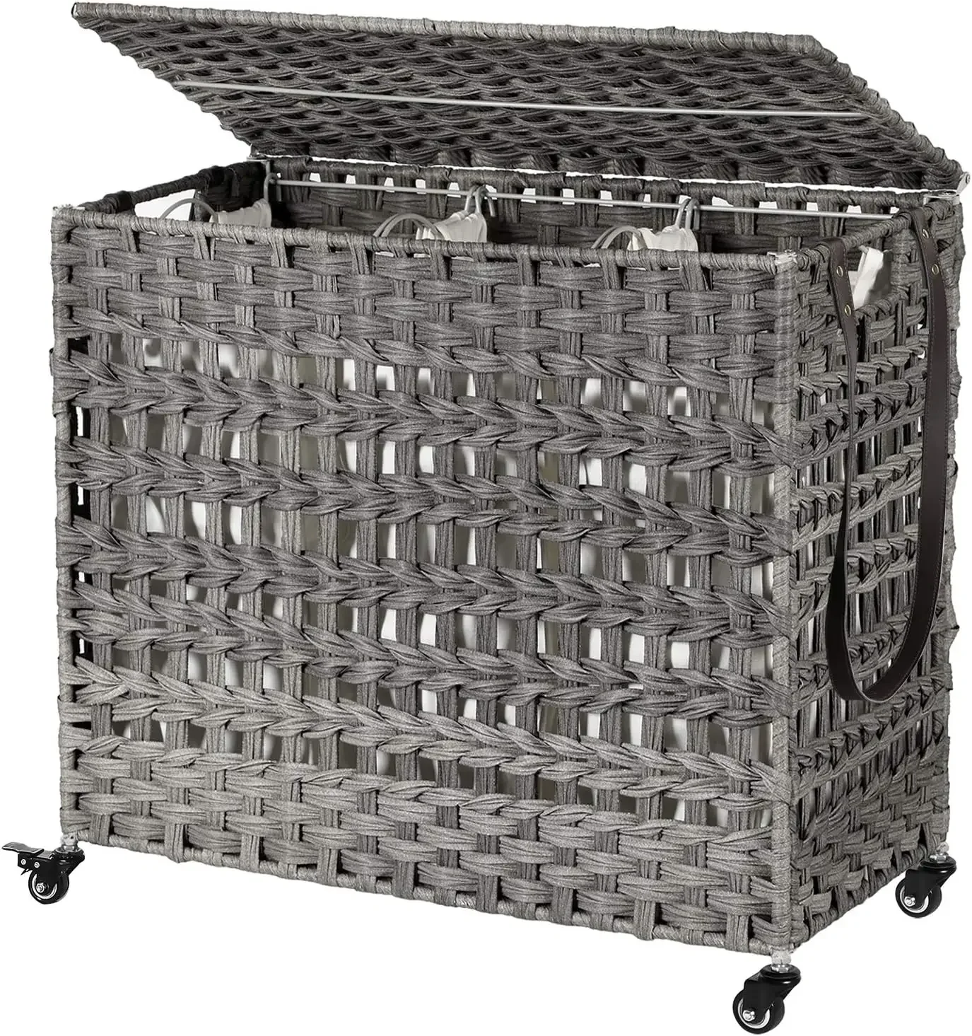 Laundry Hamper with Lid, 140L Synthetic Rattan Laundry Basket with Wheels, Clothes Hamper with 3 Removable Liner Bags,