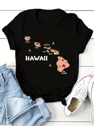 Map Vintage Hawaiian Islands Print T-Shirt Girl Casual Holiday Tops Tee Lady Clothes Summer O-neck Short Sleeve T shirt