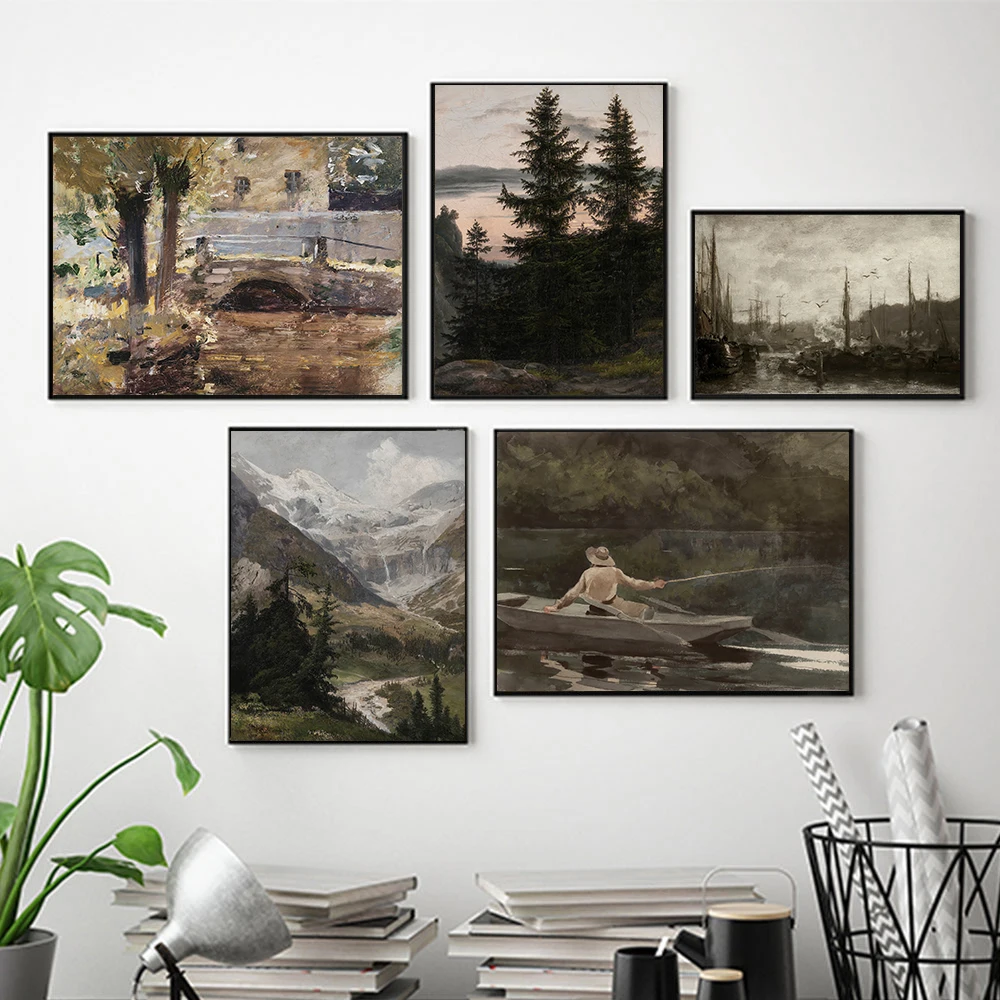 Nordic Vintage Natural Forest Deer and River Boat Print Poster Abstract Mountain View Painting for Living Room Wall Art Decor