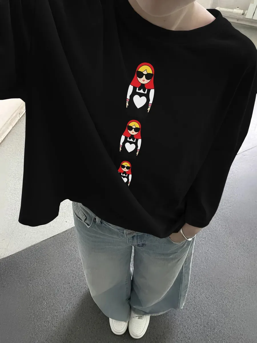 Bequeme Bluse, 100 % Baumwolle, langärmelig, T-Shirt, russischer süßer Cartoon-Puppen-Aufdruck, lustige Rundhalsausschnitt-Tops, russische Mädchen-Streetwear