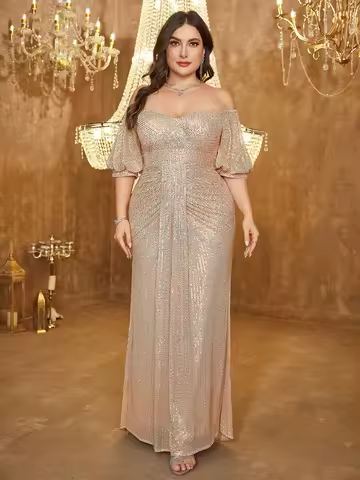 Plus Size Off-Shoulder Sequin Bodycon Evening Dress with Puff Sleeves
