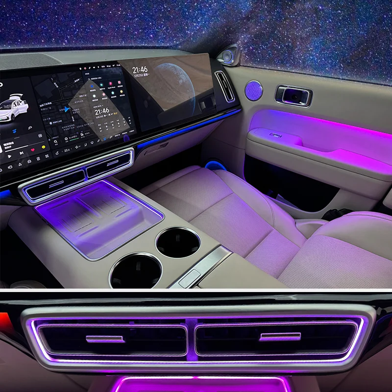 Automobile dynamic light and shadow ambient light door panel central control interior