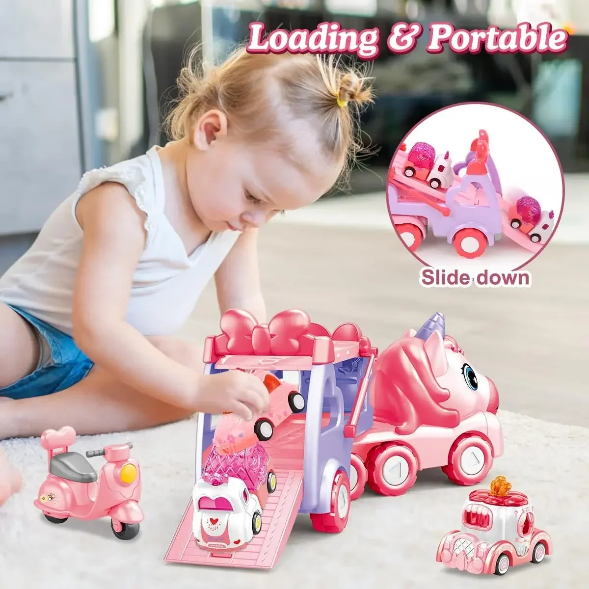 5 in 1 Unicorn Carrier Truck Car Toys for Girls Unicorn Toddler Toys Car Set with Music & Light Birthday Gift for Baby Boys Kids