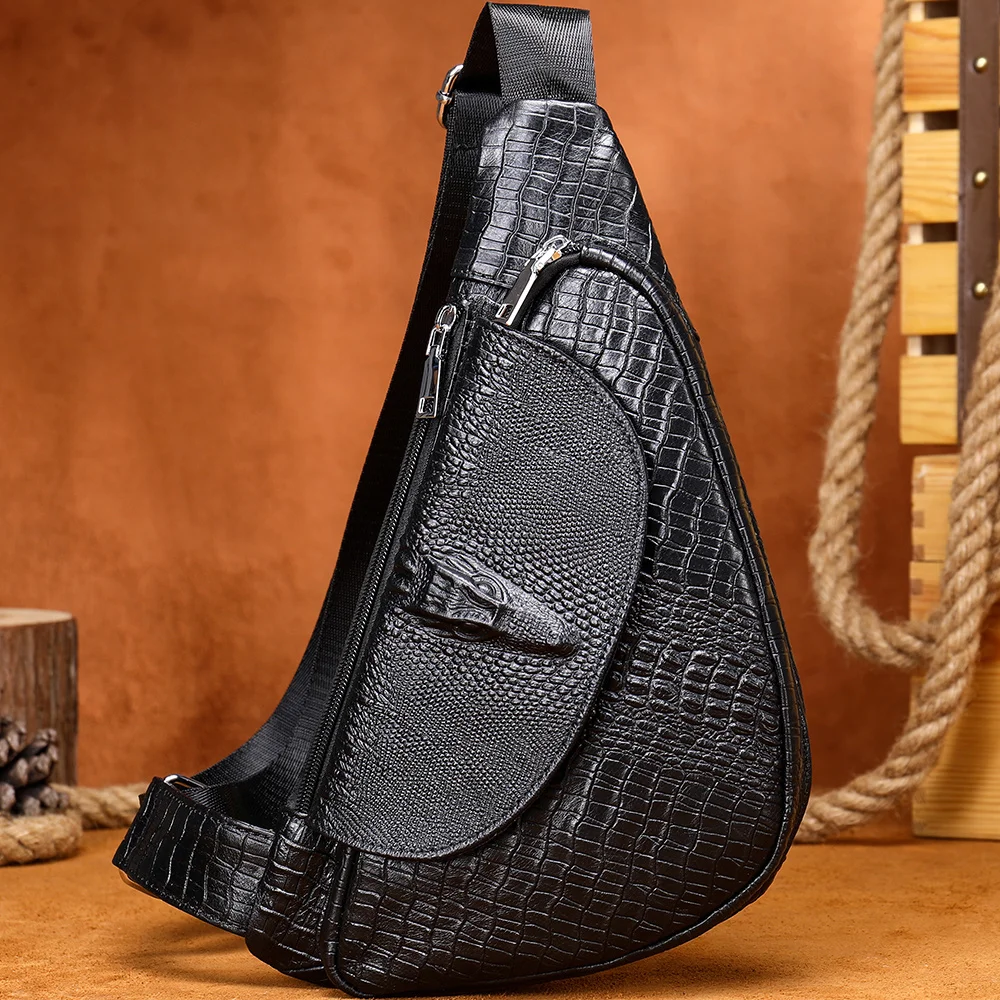 

Men’s Chest Bag Crocodile Pattern Genuine Leather Bag Crossbody Bags for Man Fashion Shoulder Pack Natural Leather 697