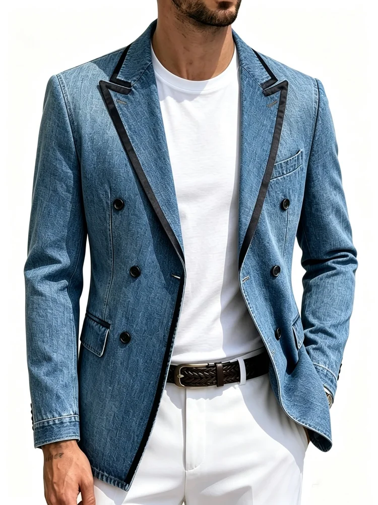 Mens Elegant Slim Double Breasted Suit Jacket Contrast Black Lapel Trim Imitation Denim Blazer Men Business Party Outerwear
