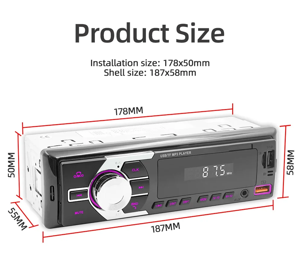 1Din MP3 Autoradio FM USB TF AUX Input Stereo Radio Bluetooth Power Protect 7 Color Lights Dual USB Multimedia Car Audio