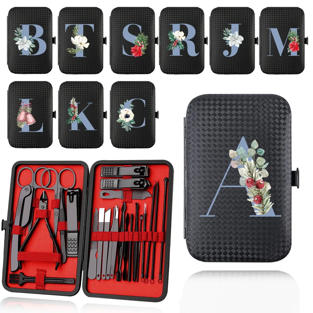 

24Pcs Stainless Steel Nail Clipper Set Manicure Tool Case Portable Pedicure Kit Leather Travel Organizer Bag Blue Letter Pattern