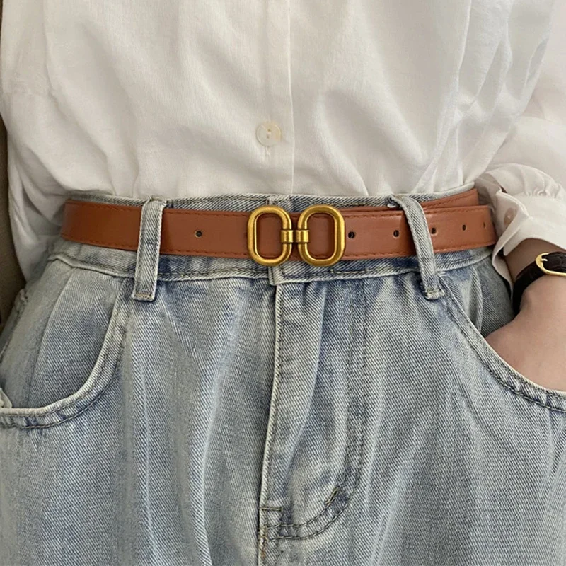 Korean Ins Women PU Leather Thin Belt for Jeans Pants Dress Wild Waistband Simple Double Round Snap Metal Buckle Waist Strap