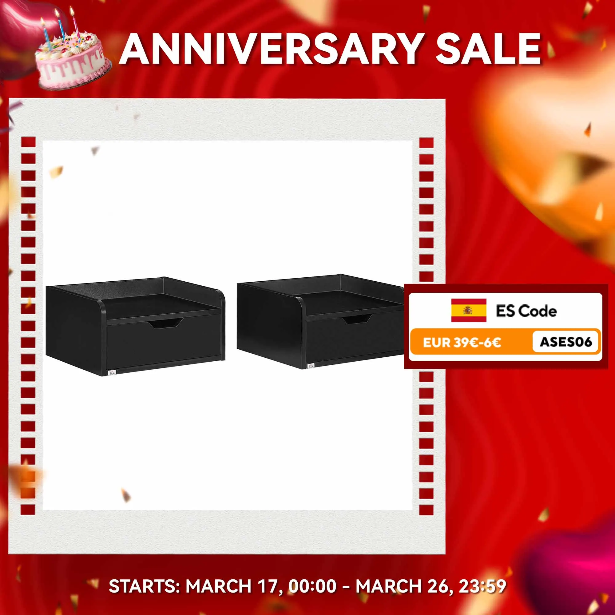 HOMCOM Set di 2 comodini a parete con 1 cassetto 40x30x19,5 cm nero