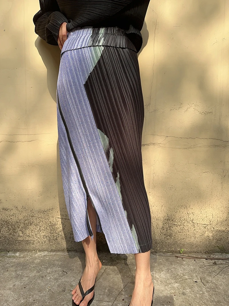 Miyake Pleats High Waist Zipper Split Art Printed Irregular Pleated Long Skirt Women 2023 New Korean Fashion Designer Clothes