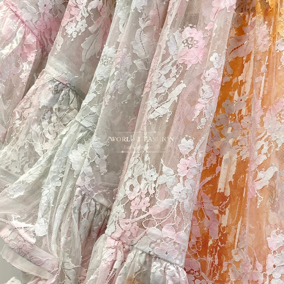 

2025 Woman Clothing White Lace Patchwork Ruffles Pleat Irregular Hem Midi Skirt