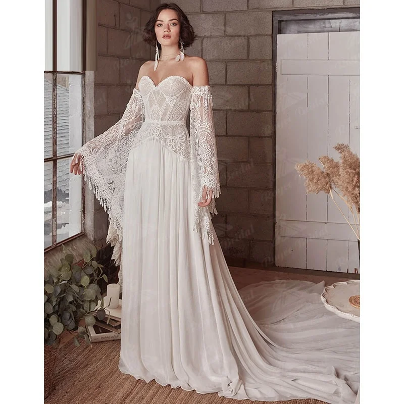 personalizado 11793 #   Sirena bohemia espalda abierta encaje mangas acampanadas Boho cariño sin tirantes gasa vestido de novia boda