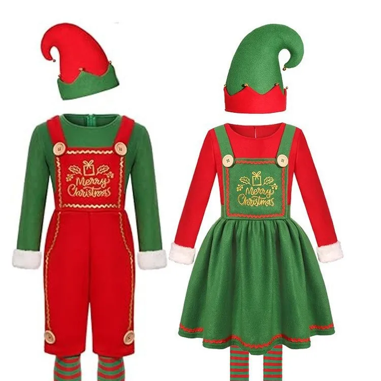 

Christmas Elf Cosplay Costume Adult Christmas Dress Jumpsuit Hat Set Christmas Party Performance Costume
