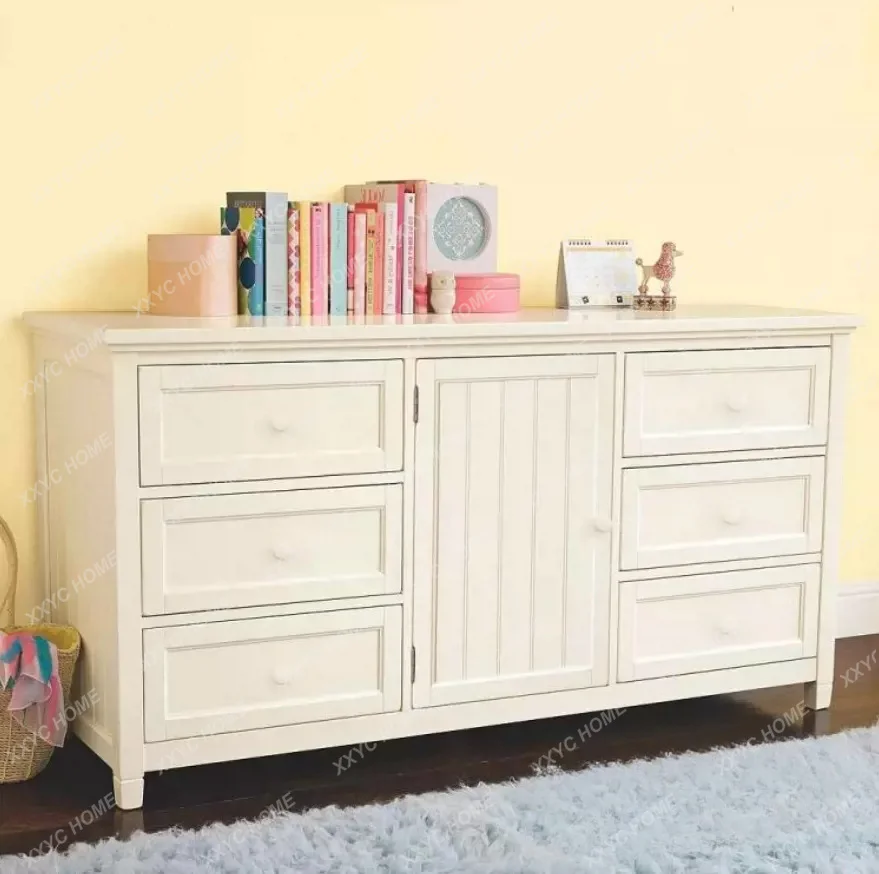 Pastoral white six-chest cabinet bedroom solid wood multi-function locker storage cabinet TV cabinet children