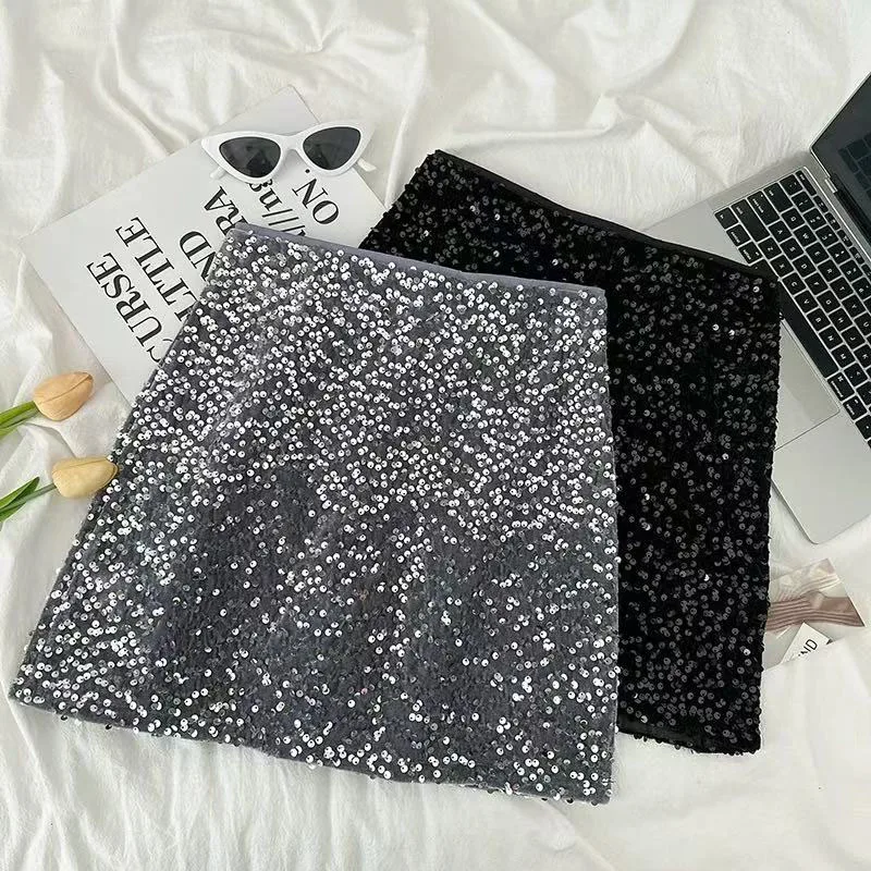 Fashion Sequin Decorate Women Mini Skirt Y2K High Waist Korean Office Lady Casual A Line Skirt Elegant Hepburn Style Party Skirt