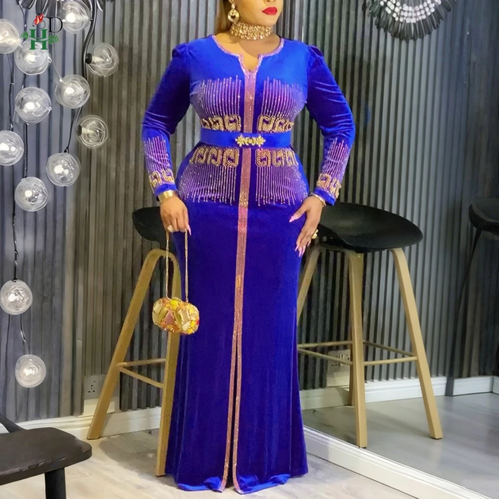 

H&D African Dresses for woman Plus Size Blue Velvet Wedding Party 2026 New Djellaba Gown Turkey Dress Dashiki African Clothes