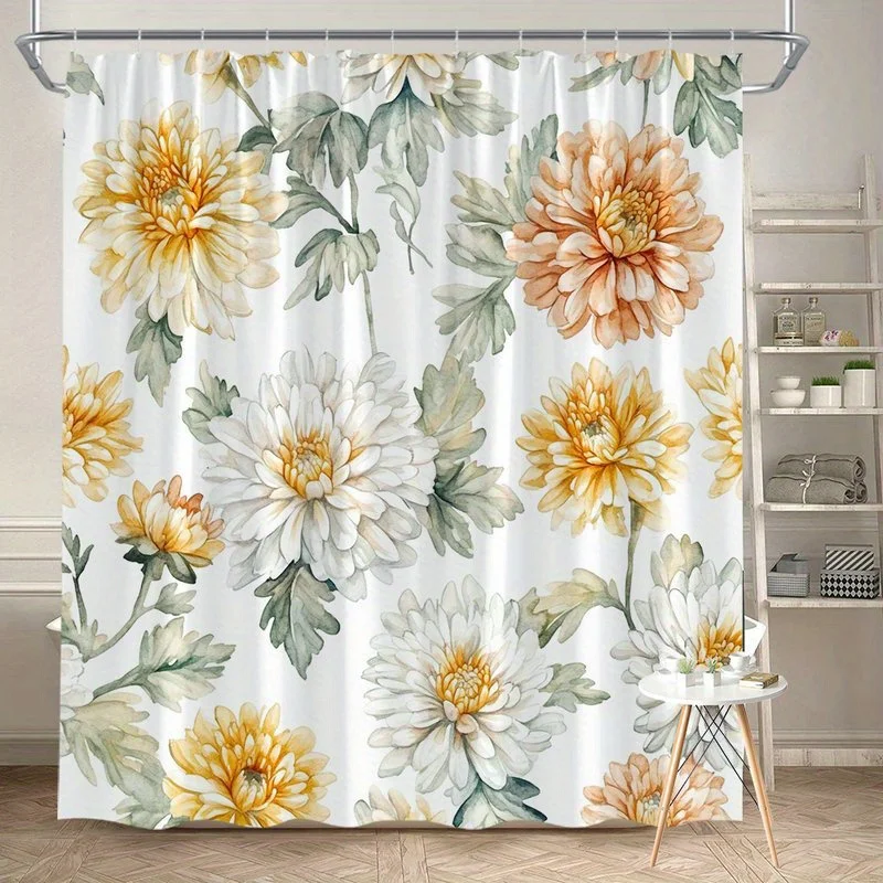 

1 шт., занавеска для душа с акварельным цветочным узором хризантемы, полиэфирная ткань, можно стирать в машине, подходит для украшения ванной комнаты