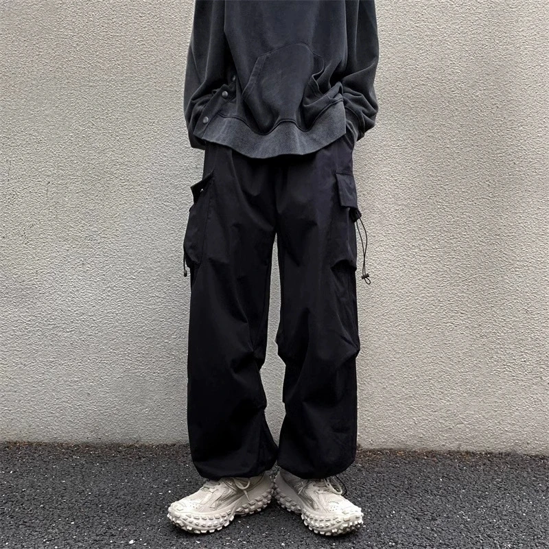 Vintage Men Drawstring Cargo Pants Multi Big Pockets Loose Wide Leg Jogger Trousers Adjustable Ankle Cuff Couple Casual Bottoms