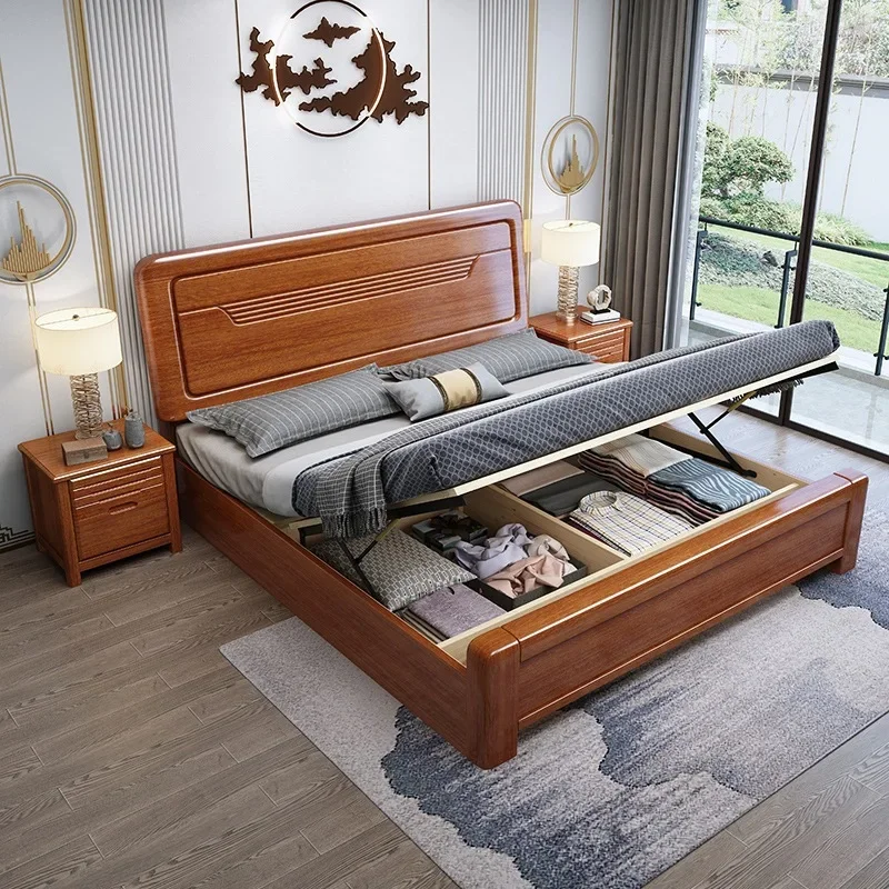 Chinese walnut solid wood bed, 1.52m, 1.82m, multifunctional single and double master bedroom storage bed