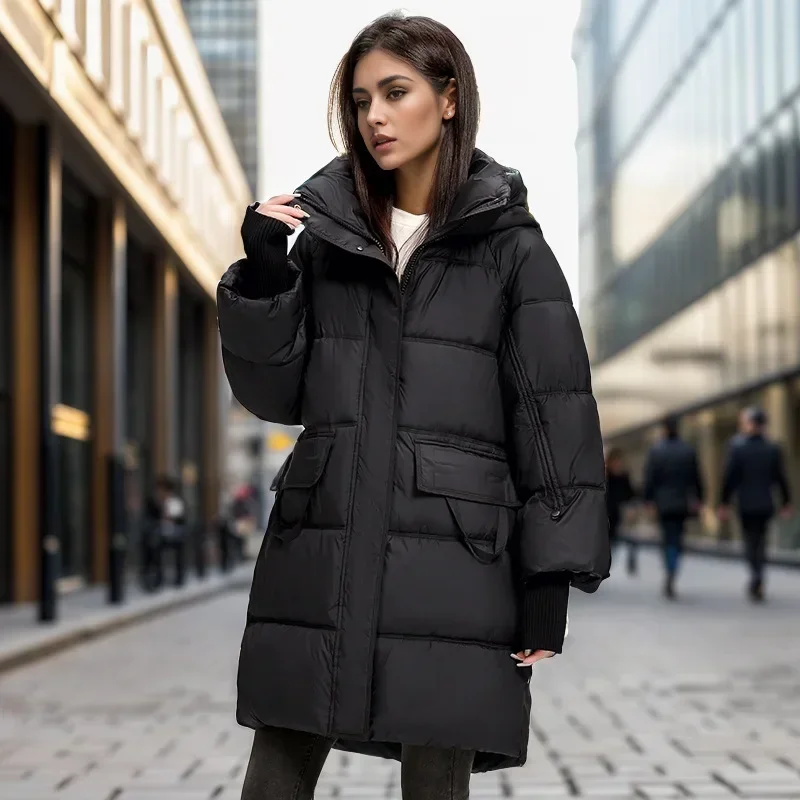 2024 Winter Long Women\'s Down Cotton Jacket Female Stand Collar Hooded Parkas Pockets Coats Women Knee Length Thick Warm Jacket