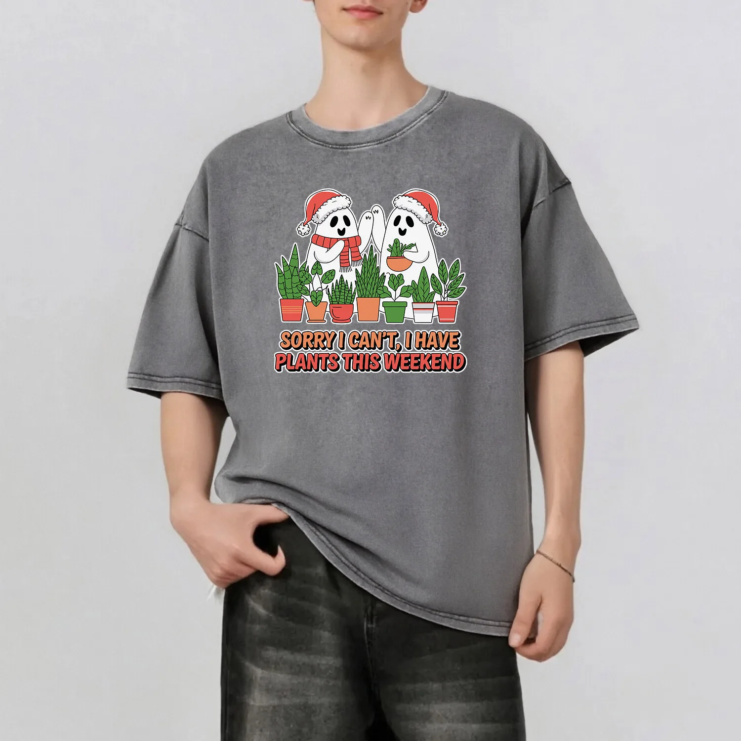 

Cute Christmas Ghost Graphic Printing Men's Summer Retro Style Washed Water T-Shirt Casual Short Sleeved Basic Men's Top 230G