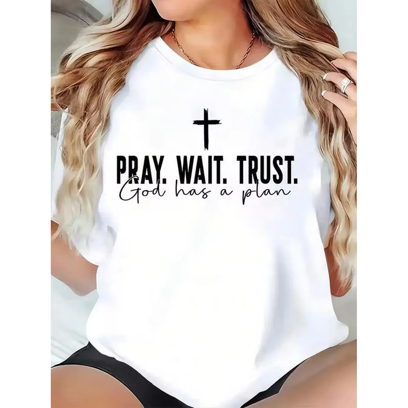 Women Cross Pray Wait Trust Print White Cotton Tee, Crew Neck Medium Stretch Regular Fit Casual Daily T-Shirt